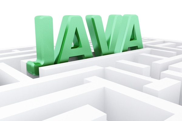 Comically large 3D text stating "Java" in a maze